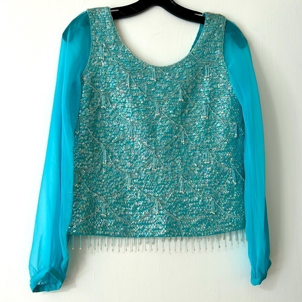 Vintage aquamarine sequin 1950s long sleeve scallop mermaid party blouse women’s